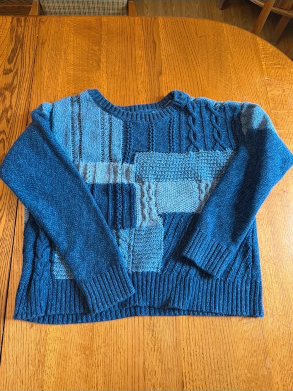 American Eagle Outfitters Blue Patchwork Cable Crewneck Sweater